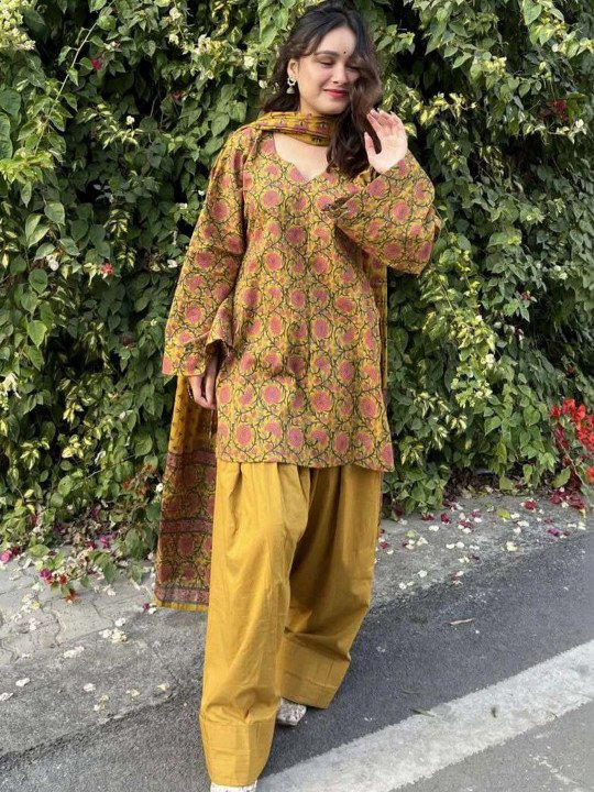 Women&amp;#039;s Mustard Cotton Blend Printed Short Kurta With Farshi Salwar &amp;amp; Dupatta Sets