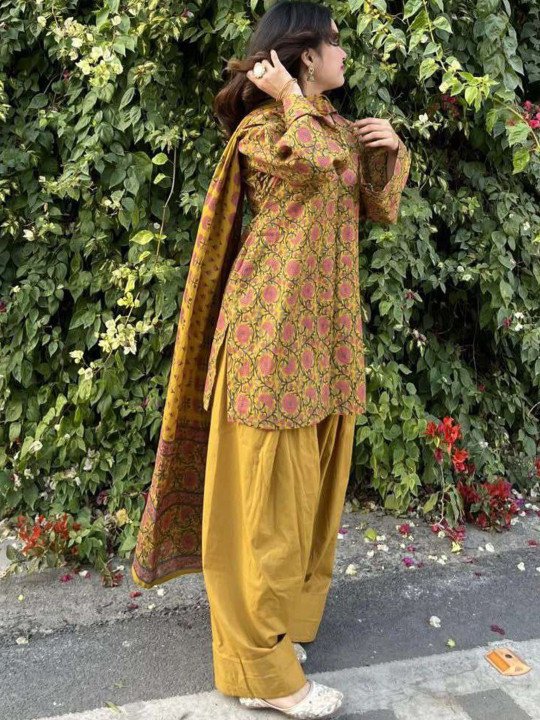 Women&amp;#039;s Mustard Cotton Blend Printed Short Kurta With Farshi Salwar &amp;amp; Dupatta Sets