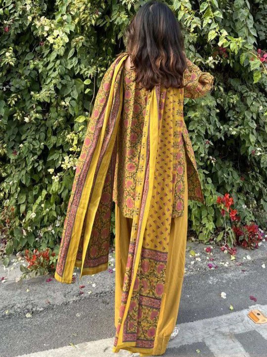 Women&amp;#039;s Mustard Cotton Blend Printed Short Kurta With Farshi Salwar &amp;amp; Dupatta Sets