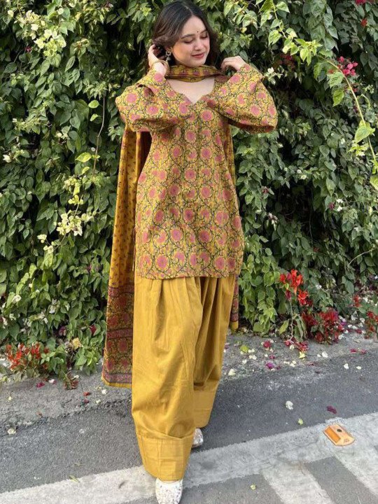 Women&amp;#039;s Mustard Cotton Blend Printed Short Kurta With Farshi Salwar &amp;amp; Dupatta Sets