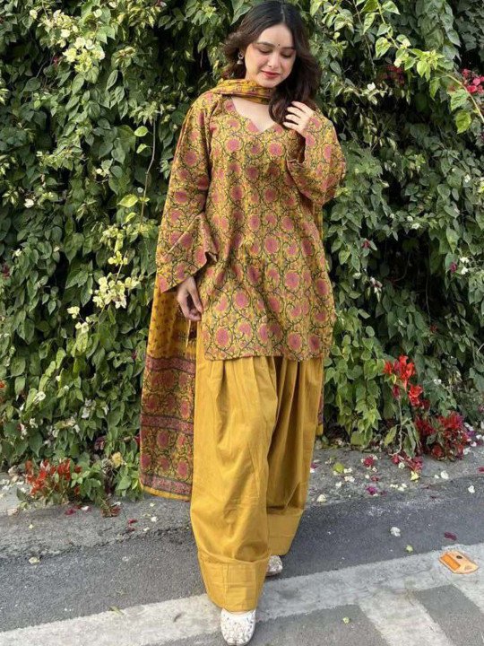 Women&amp;#039;s Mustard Cotton Blend Printed Short Kurta With Farshi Salwar &amp;amp; Dupatta Sets
