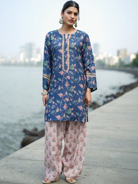 Women Teal Printed Cotton Kurta Set