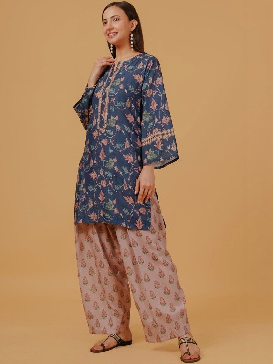Women Teal Printed Cotton Kurta Set