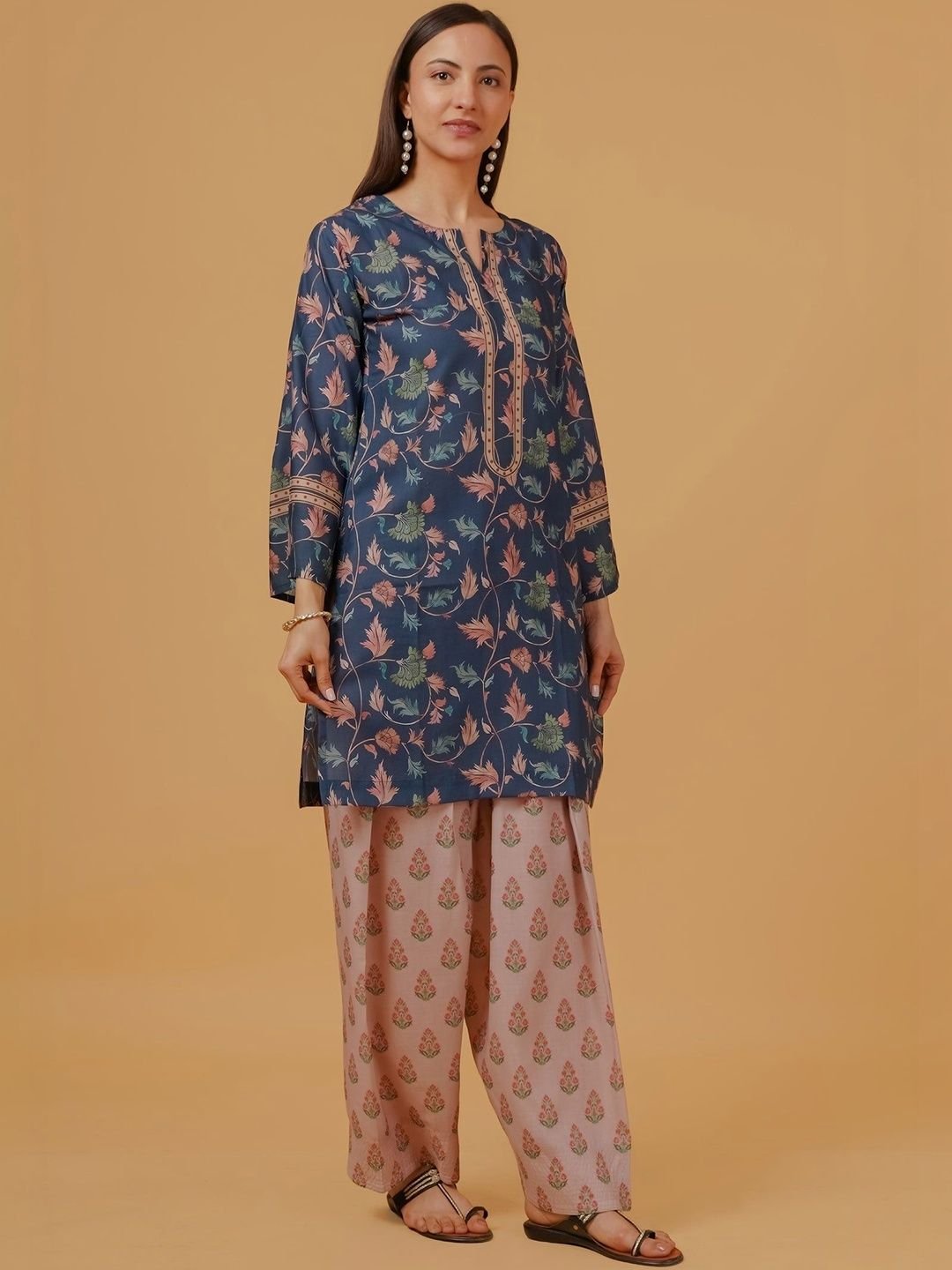Women Teal Printed Cotton Kurta Set