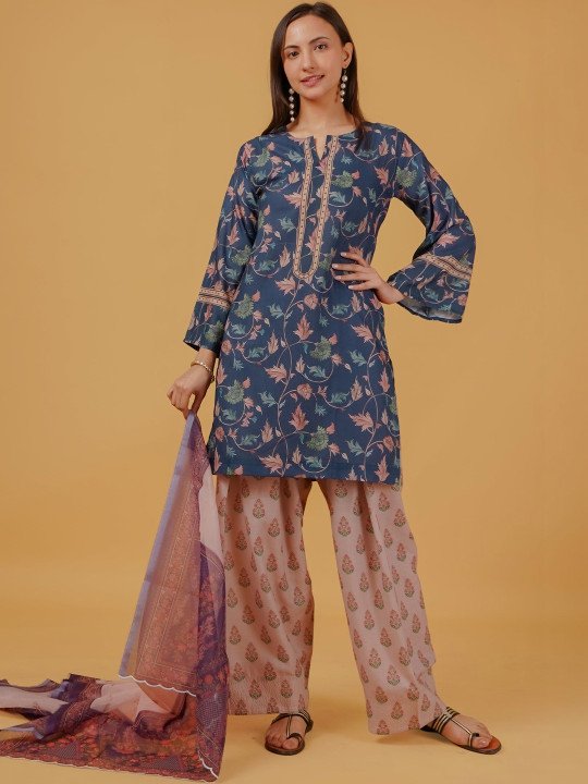 Women Teal Printed Cotton Kurta Set