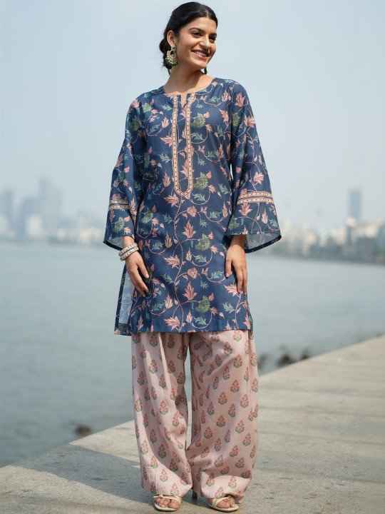 Women Teal Printed Cotton Kurta Set