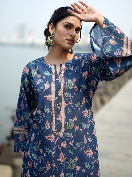 Women Teal Printed Cotton Kurta Set