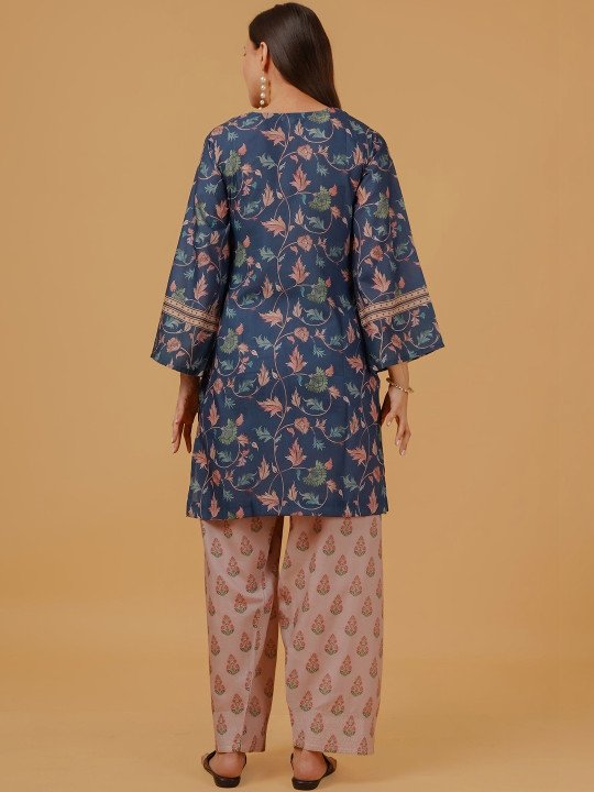 Women Teal Printed Cotton Kurta Set