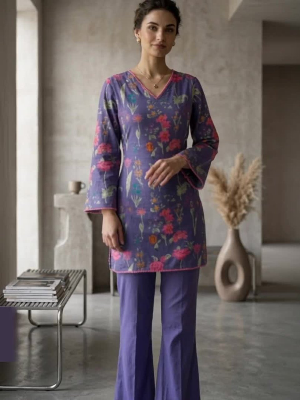 Women Floral Printed Regular Pure Cotton Kurti with Trousers