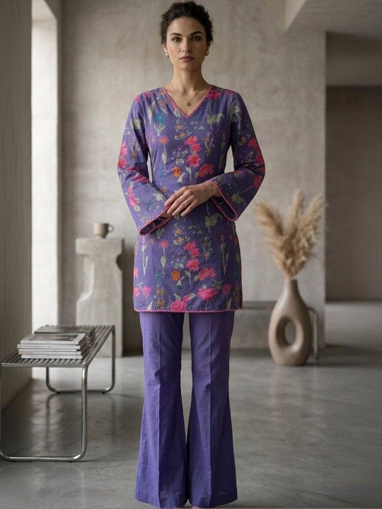 Women Floral Printed Regular Pure Cotton Kurti with Trousers