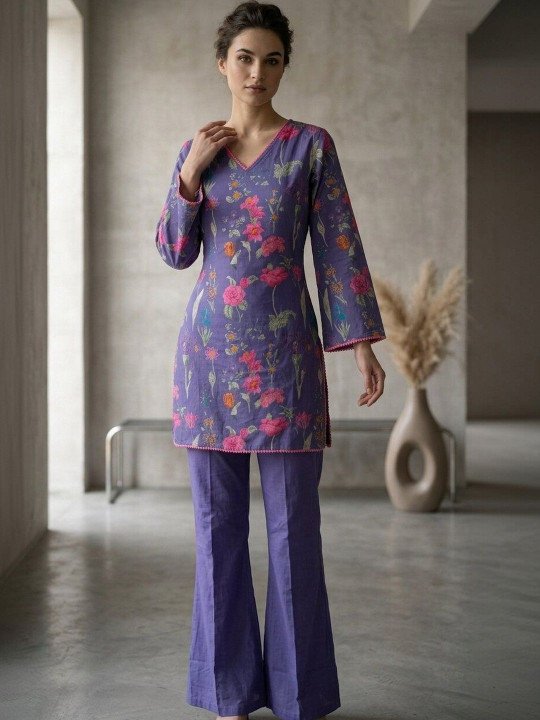 Women Floral Printed Regular Pure Cotton Kurti with Trousers