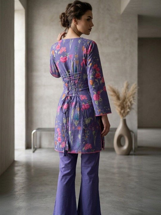 Women Floral Printed Regular Pure Cotton Kurti with Trousers