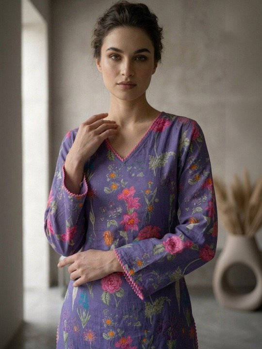 Women Floral Printed Regular Pure Cotton Kurti with Trousers