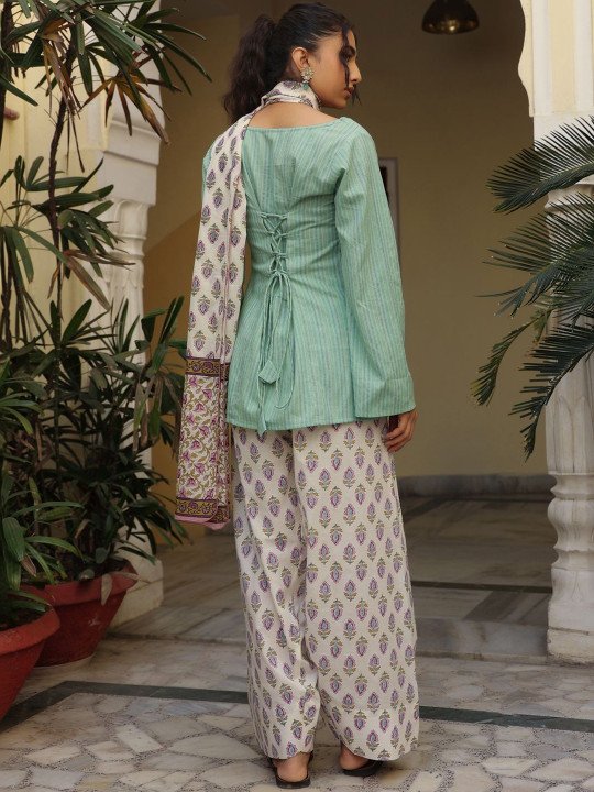 Women Ethnic Motifs Striped Regular Pure Cotton Kurti with Palazzos &amp;amp; With Dupatta