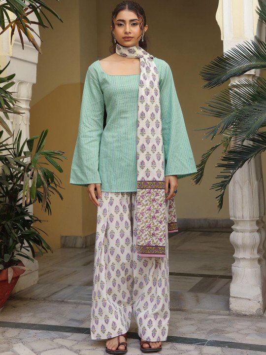 Women Ethnic Motifs Striped Regular Pure Cotton Kurti with Palazzos &amp;amp; With Dupatta