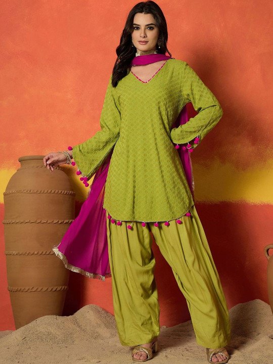 Women Green Chikankari Rayon A-Line Kurti Farshi Salwar With Dupatta Set