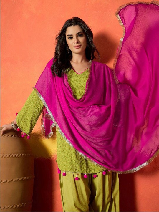 Women Green Chikankari Rayon A-Line Kurti Farshi Salwar With Dupatta Set