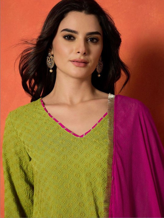 Women Green Chikankari Rayon A-Line Kurti Farshi Salwar With Dupatta Set