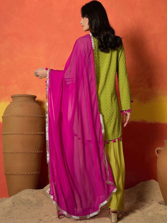 Women Green Chikankari Rayon A-Line Kurti Farshi Salwar With Dupatta Set