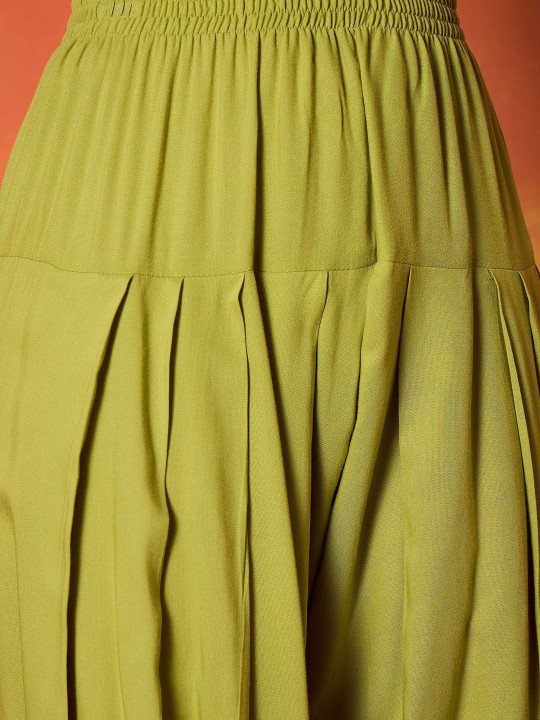 Women Green Chikankari Rayon A-Line Kurti Farshi Salwar With Dupatta Set