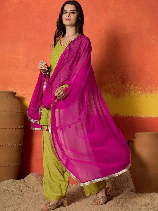 Women Green Chikankari Rayon A-Line Kurti Farshi Salwar With Dupatta Set