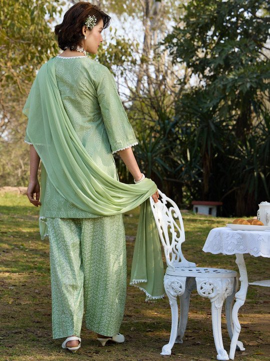 Women Ethnic Motifs Printed Regular Thread Work Pure Cotton Kurta with Patiala &amp;amp; With Dupatta