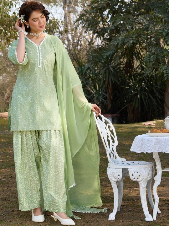 Women Ethnic Motifs Printed Regular Thread Work Pure Cotton Kurta with Patiala &amp;amp; With Dupatta