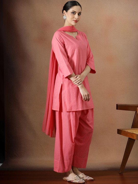 Embroidered Pure Cotton Round Neck Kurta &amp;amp; Salwar Kurta Set