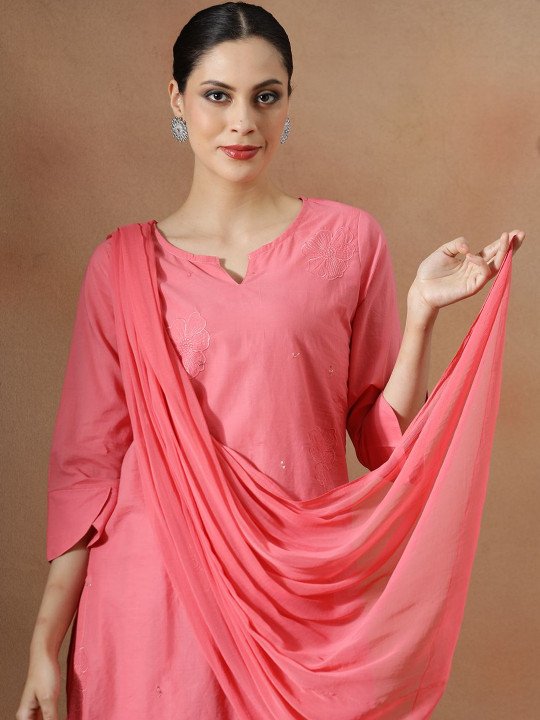 Embroidered Pure Cotton Round Neck Kurta &amp;amp; Salwar Kurta Set