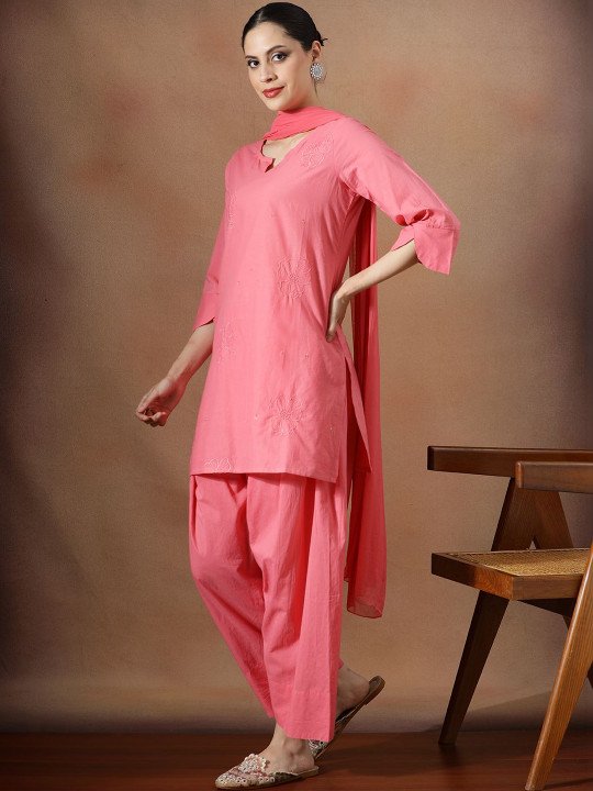 Embroidered Pure Cotton Round Neck Kurta &amp;amp; Salwar Kurta Set