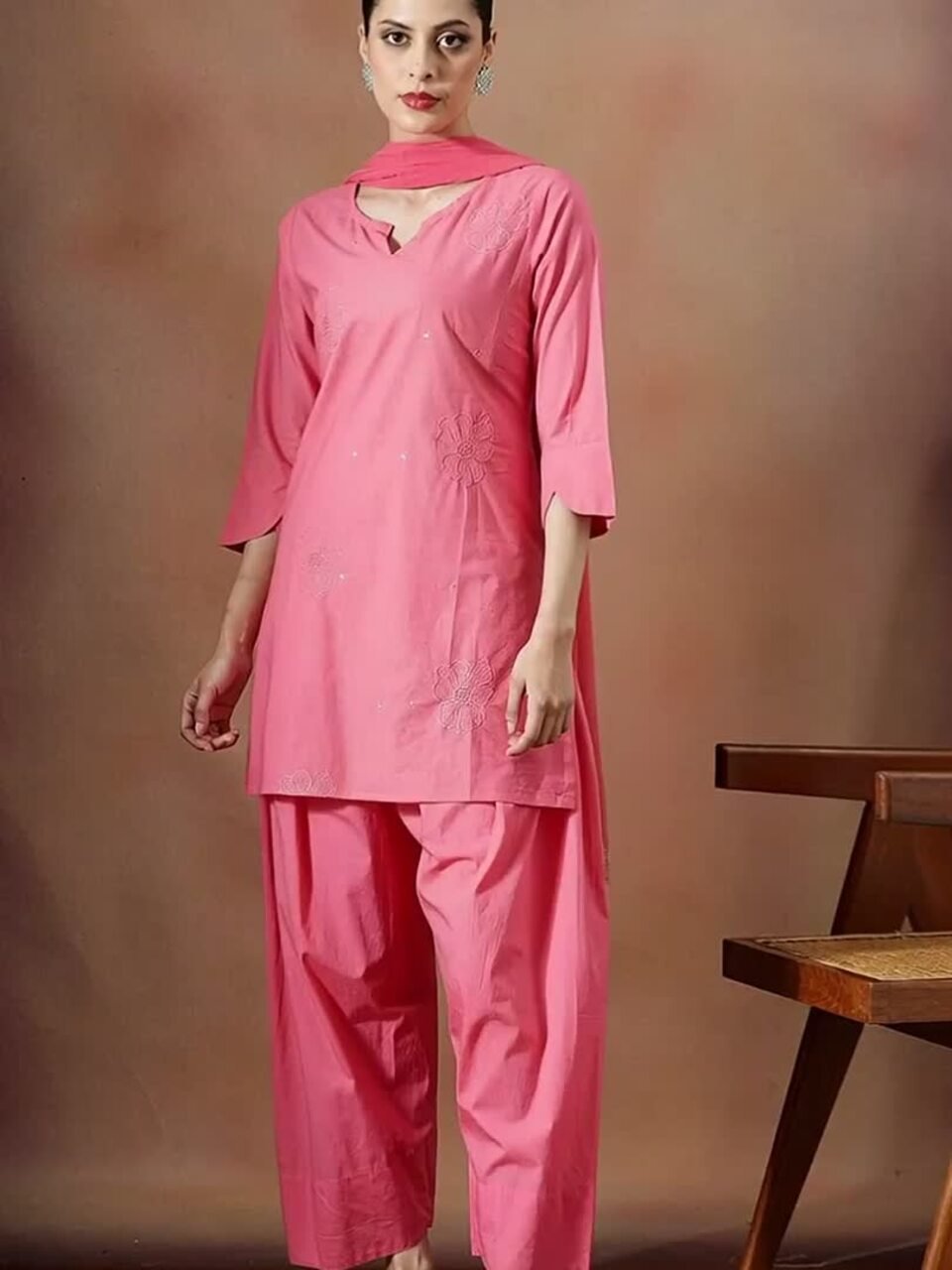 Embroidered Pure Cotton Round Neck Kurta &amp;amp; Salwar Kurta Set