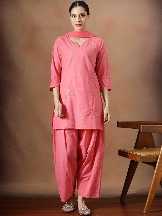 Embroidered Pure Cotton Round Neck Kurta &amp;amp; Salwar Kurta Set