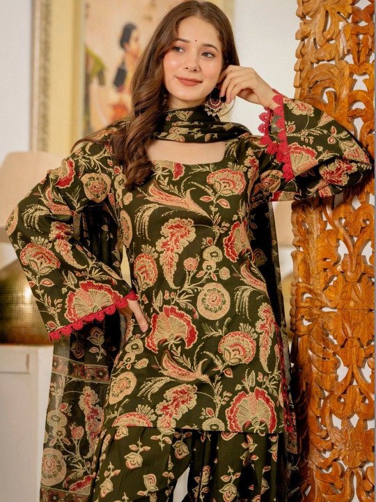 Women Floral Printed Regular Pure Cotton Kurta with Patiala &amp;amp; With Dupatta