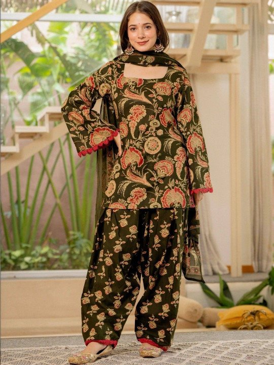Women Floral Printed Regular Pure Cotton Kurta with Patiala &amp;amp; With Dupatta