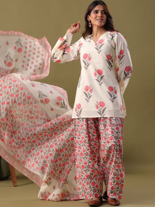 Women Floral Printed Regular Pure Cotton Kurta with Palazzos &amp;amp; With Dupatta