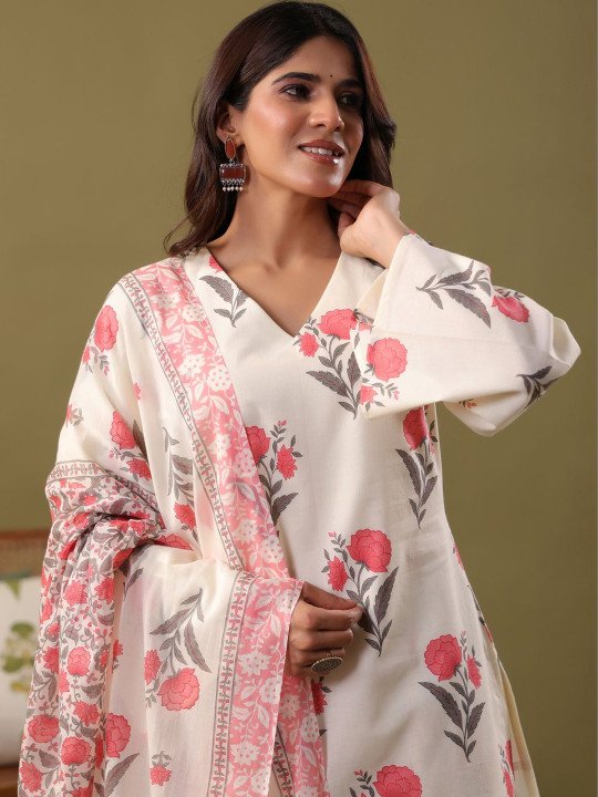 Women Floral Printed Regular Pure Cotton Kurta with Palazzos &amp;amp; With Dupatta
