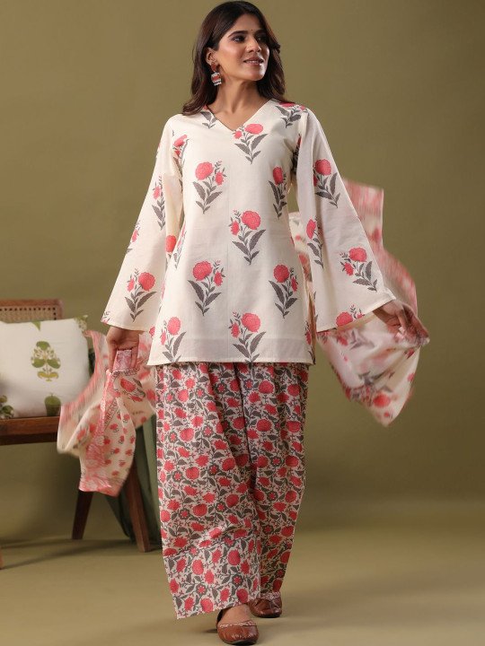 Women Floral Printed Regular Pure Cotton Kurta with Palazzos &amp;amp; With Dupatta