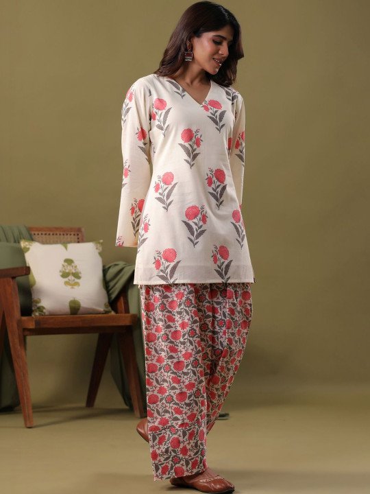 Women Floral Printed Regular Pure Cotton Kurta with Palazzos &amp;amp; With Dupatta