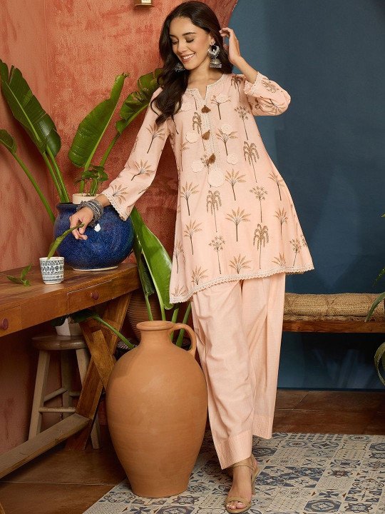 Women Peach Palm Tree Printed Pure Cotton A-Line Short Kurti With Farshi Salwar Set