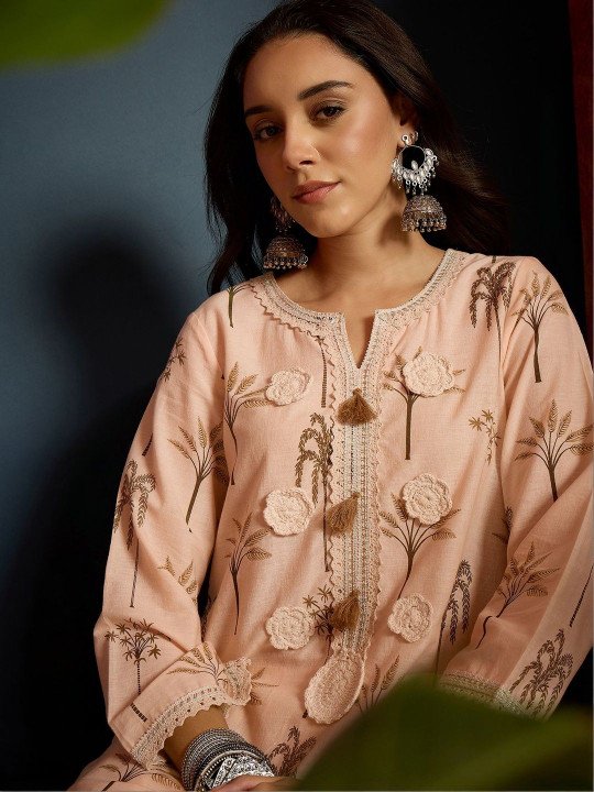Women Peach Palm Tree Printed Pure Cotton A-Line Short Kurti With Farshi Salwar Set
