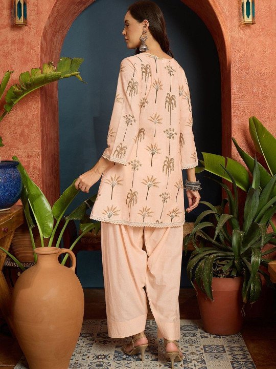 Women Peach Palm Tree Printed Pure Cotton A-Line Short Kurti With Farshi Salwar Set