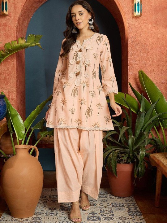 Women Peach Palm Tree Printed Pure Cotton A-Line Short Kurti With Farshi Salwar Set