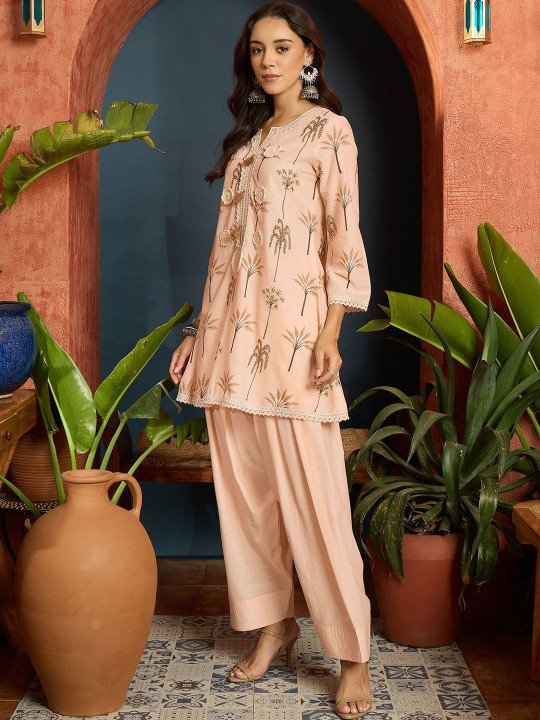 Women Peach Palm Tree Printed Pure Cotton A-Line Short Kurti With Farshi Salwar Set
