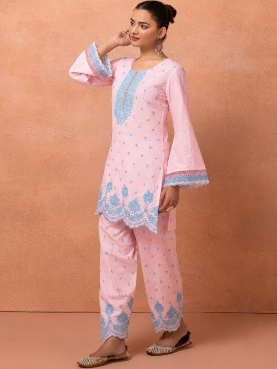 Women Ethnic Motifs Embroidered Regular Thread Work Pure Cotton Kurta with Palazzos &amp;amp; With Dupatta