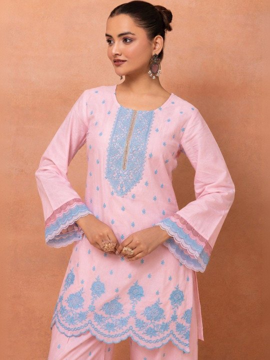 Women Ethnic Motifs Embroidered Regular Thread Work Pure Cotton Kurta with Palazzos &amp;amp; With Dupatta