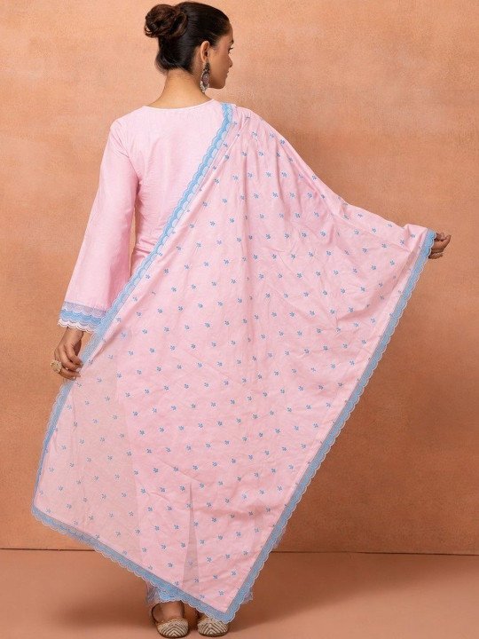 Women Ethnic Motifs Embroidered Regular Thread Work Pure Cotton Kurta with Palazzos &amp;amp; With Dupatta