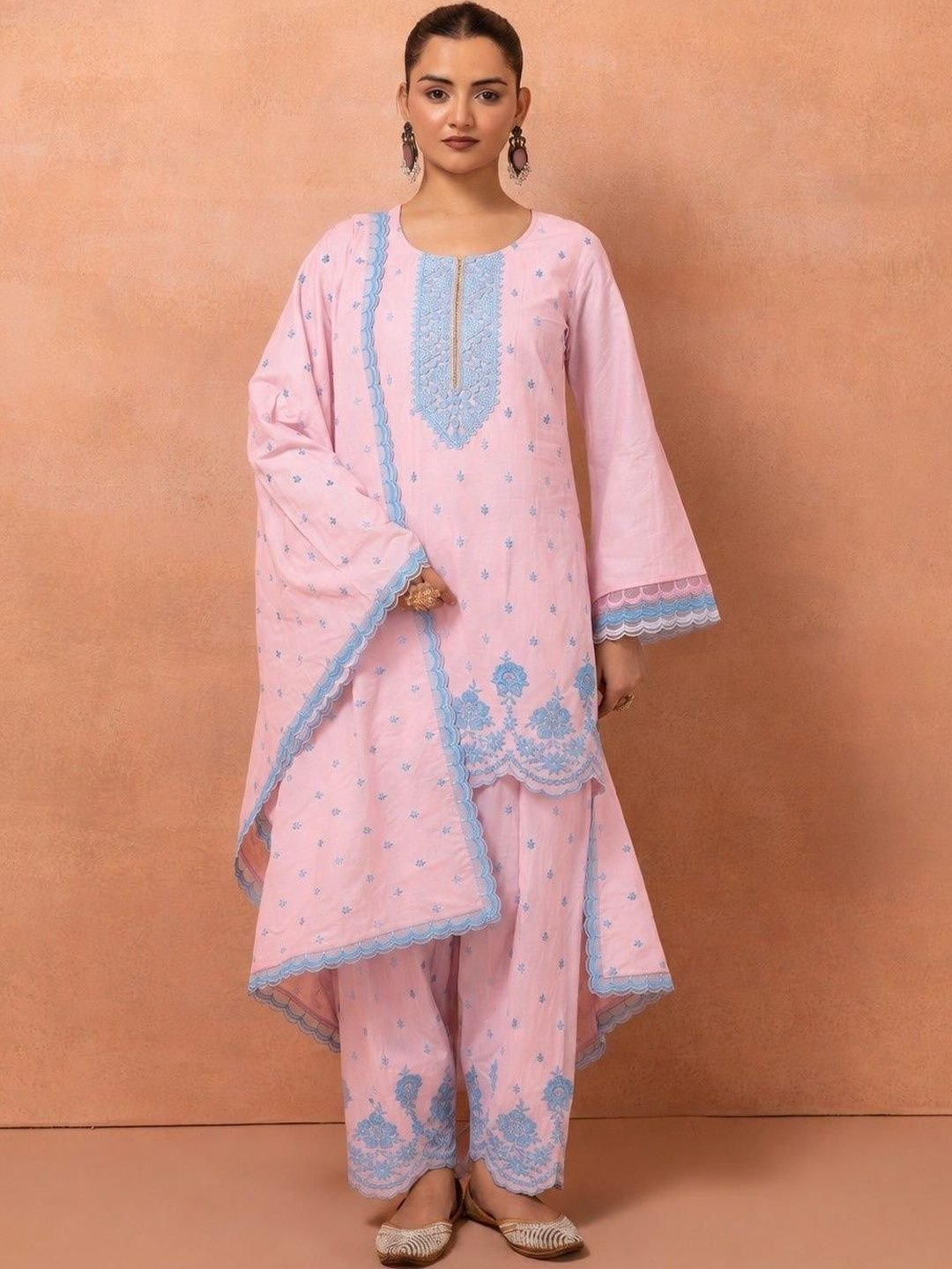 Women Ethnic Motifs Embroidered Regular Thread Work Pure Cotton Kurta with Palazzos &amp;amp; With Dupatta