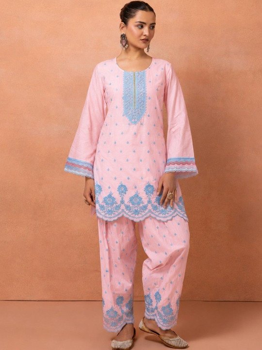 Women Ethnic Motifs Embroidered Regular Thread Work Pure Cotton Kurta with Palazzos &amp;amp; With Dupatta