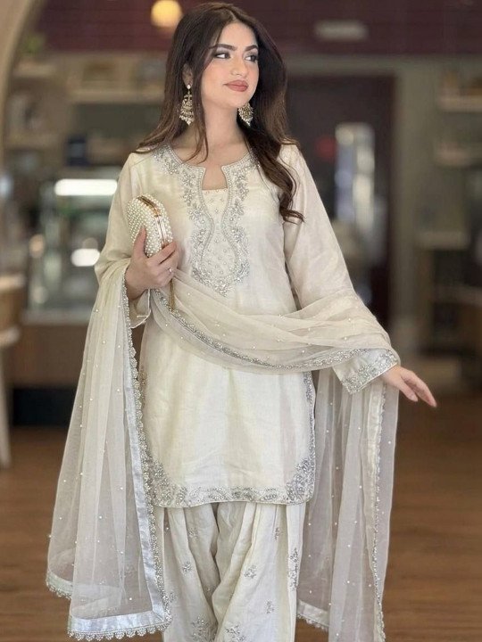 Ethnic Motifs Embroidered Thread Work Raw Silk Kurta with Patiala &amp;amp; Dupatta