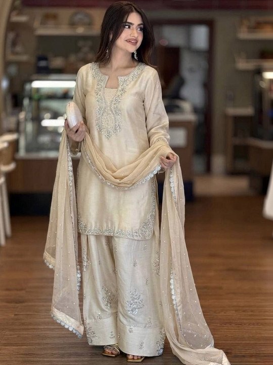 Ethnic Motifs Embroidered Thread Work Raw Silk Kurta with Patiala &amp;amp; Dupatta